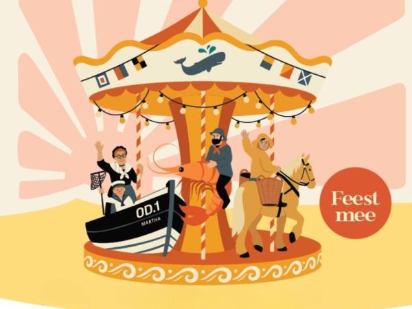 Een feestelijke carrousel met een garnaalvisser te paard, het schip de Martha, traditioneel uitgedoste vissers en seinvlaggetjes.