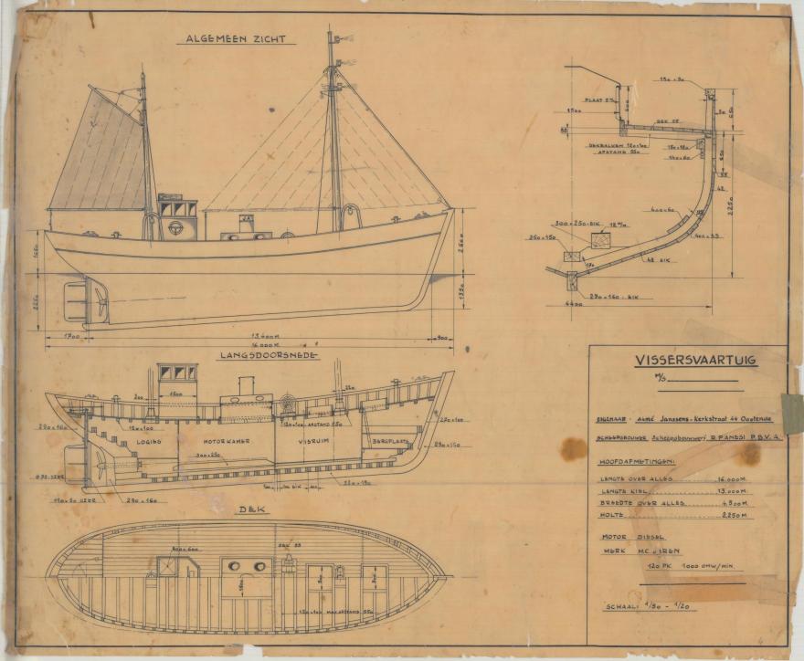 Plan van een kusttreiler uit het archief van scheepsbouwer Panesi (begin jaren 1940 , plan 00009-4-5, Collectie NAVIGO-Nationaal Visserijmuseum). Plan van een kusttreiler uit het archief van scheepsbouwer Panesi (begin jaren 1940 , plan 00009-4-5, Collectie NAVIGO-Nationaal Visserijmuseum).